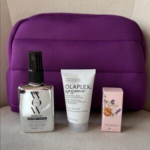 Purple Quilted Cosmetic Bag with Hair Care Products from Sephora